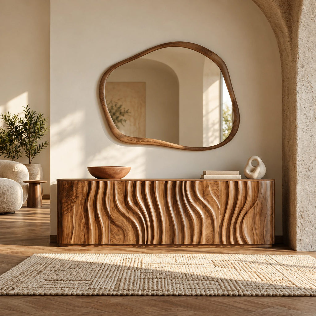 Sculptural Wave Carved Wood Sideboard With Storage Doors For Dining Room
