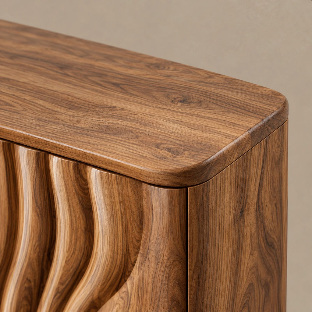 Sculptural Wave Carved Wood Sideboard With Storage Doors For Dining Room