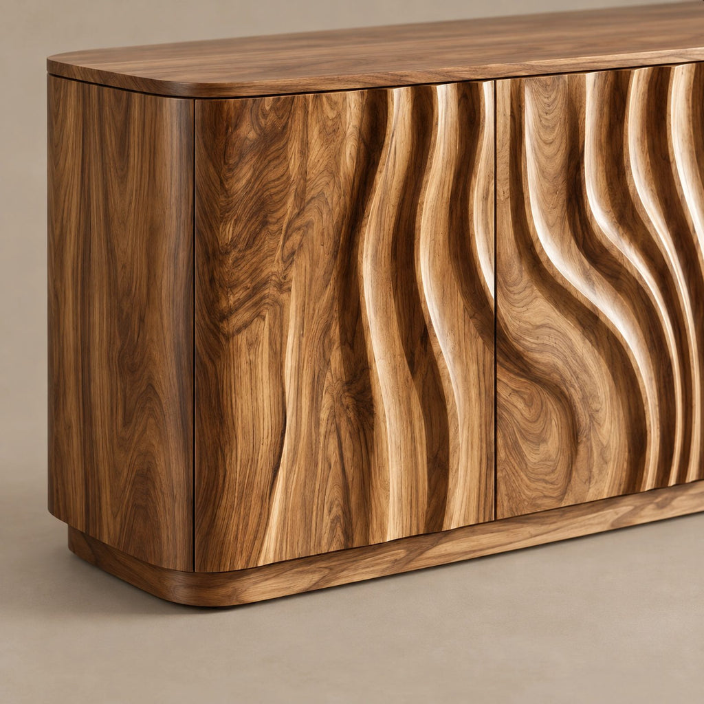 Sculptural Wave Carved Wood Sideboard With Storage Doors For Dining Room
