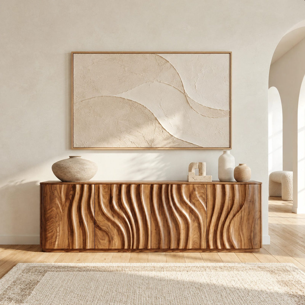 Sculptural Wave Carved Wood Sideboard With Storage Doors For Dining Room