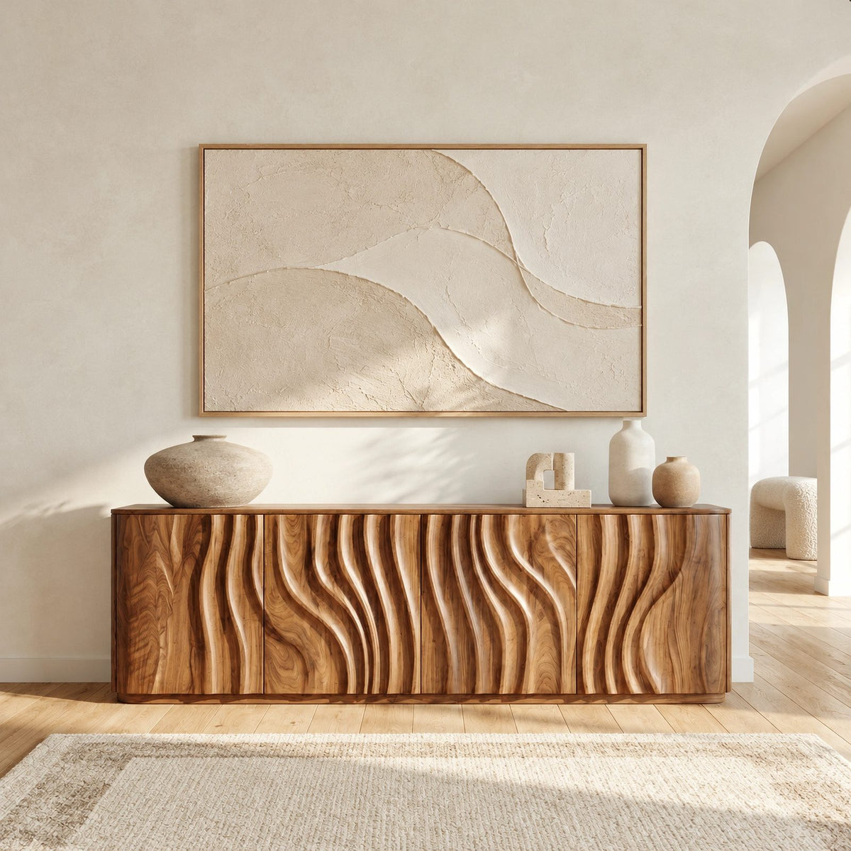 Sculptural Wave Carved Wood Sideboard With Storage Doors For Dining Room
