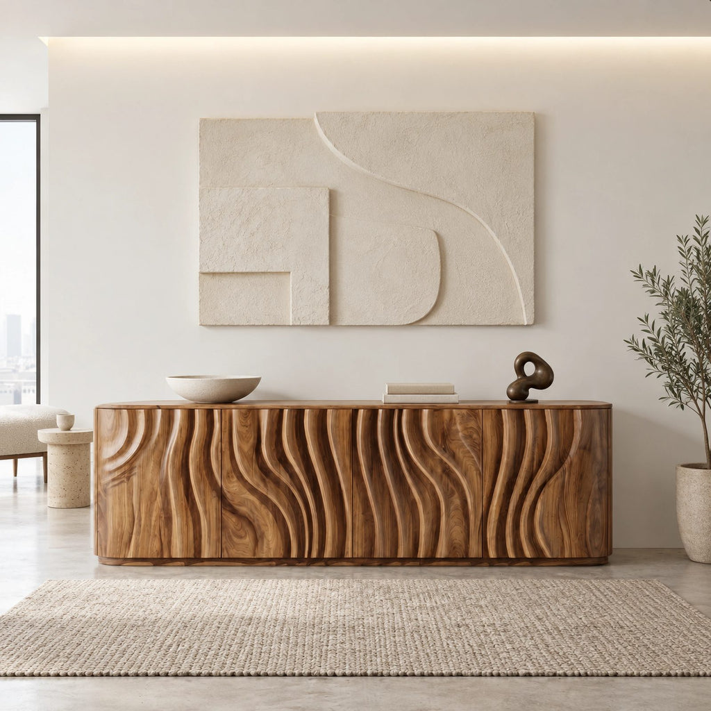 Sculptural Wave Carved Wood Sideboard With Storage Doors For Dining Room