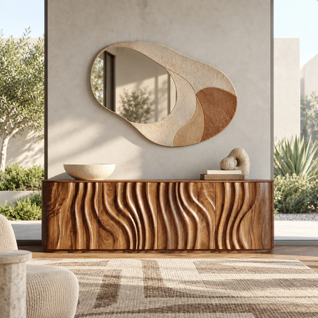 Sculptural Wave Carved Wood Sideboard With Storage Doors For Dining Room