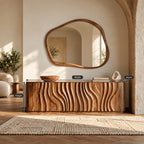 Sculptural Wave Carved Wood Sideboard With Storage Doors For Dining Room