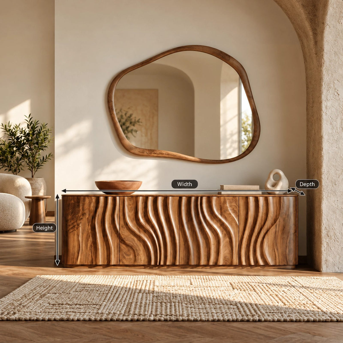 Sculptural Wave Carved Wood Sideboard With Storage Doors For Dining Room