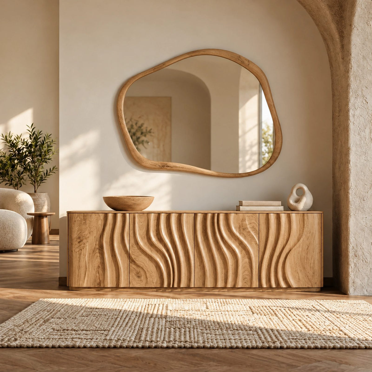 Sculptural Wave Carved Wood Sideboard With Storage Doors For Dining Room