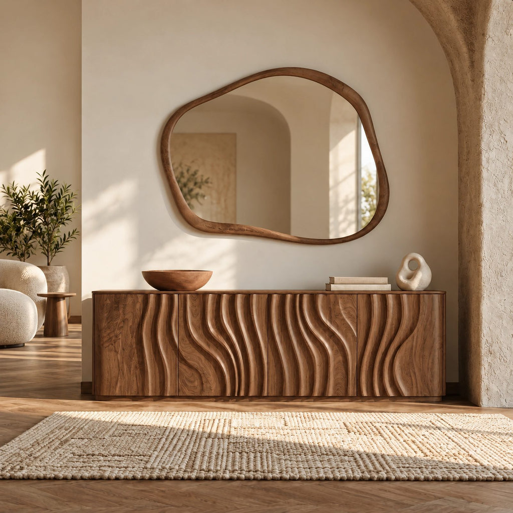 Sculptural Wave Carved Wood Sideboard With Storage Doors For Dining Room