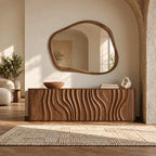 Sculptural Wave Carved Wood Sideboard With Storage Doors For Dining Room
