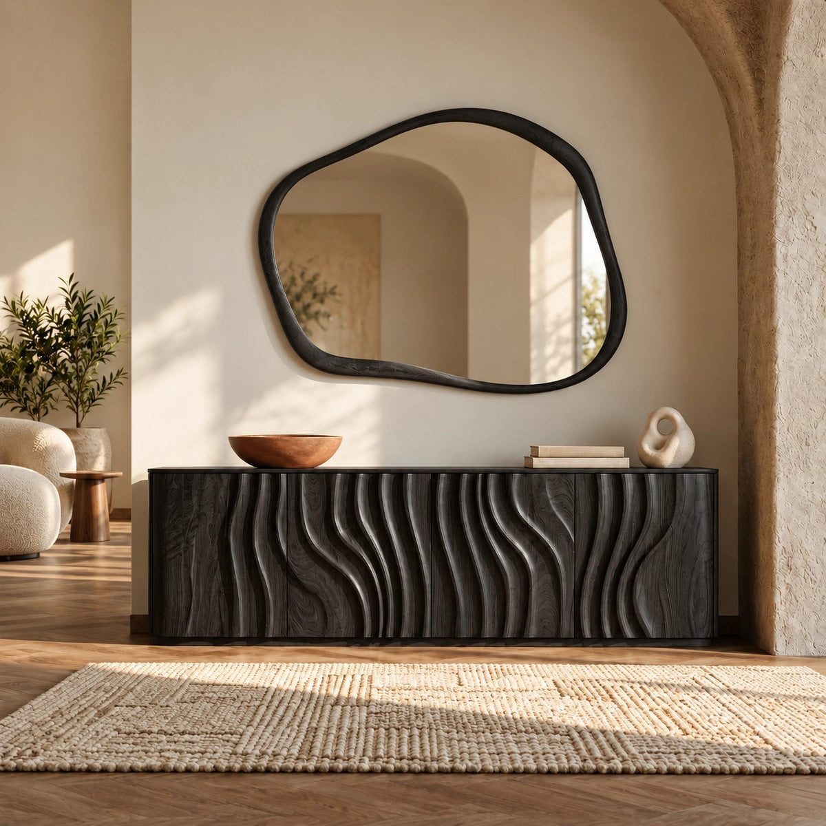 Sculptural Wave Carved Wood Sideboard With Storage Doors For Dining Room