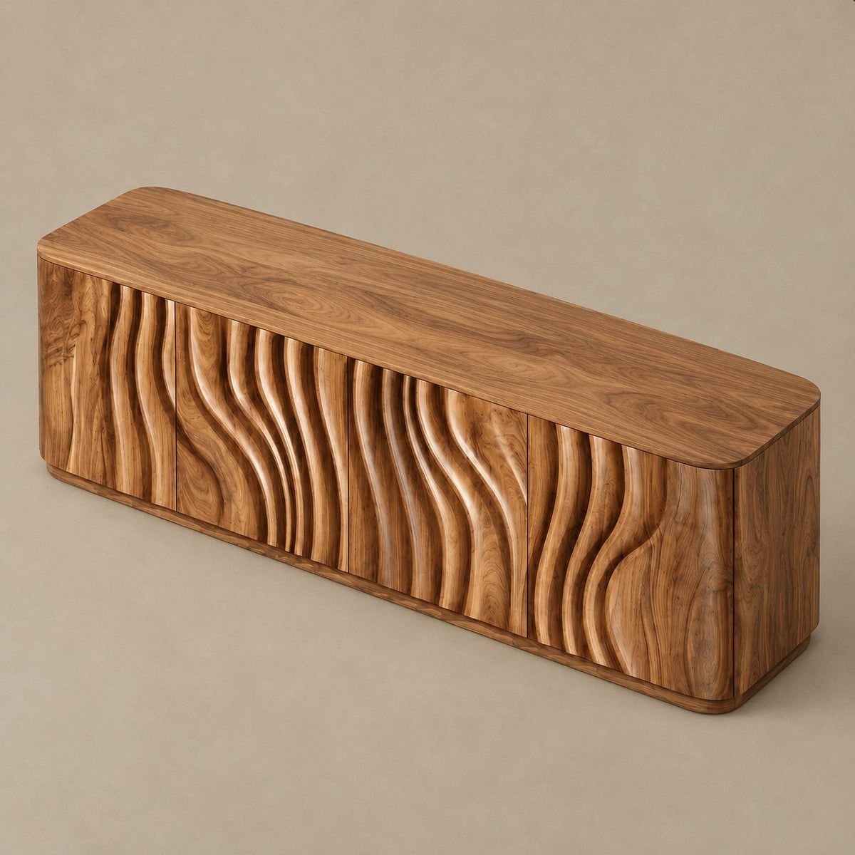 Sculptural Wave Carved Wood Sideboard With Storage Doors For Dining Room