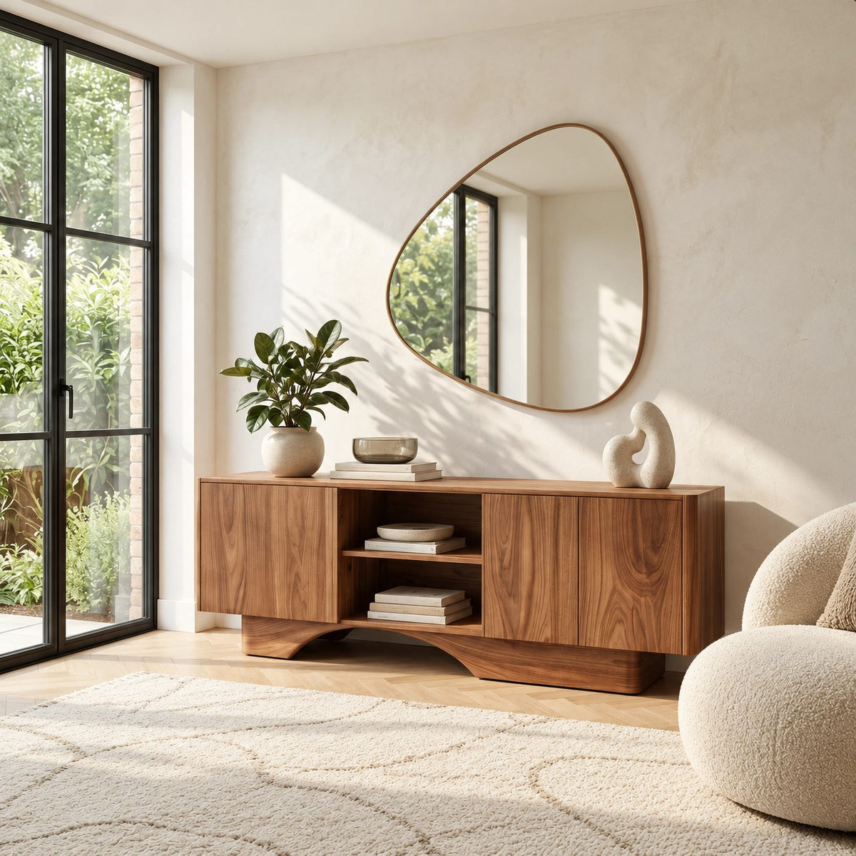 Minimalist Wood Sideboard With Sculpted Arch Base For Living Room