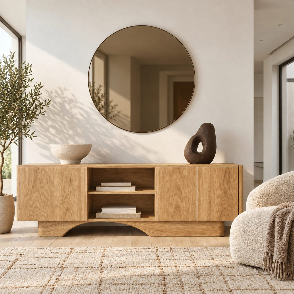 Minimalist Wood Sideboard With Sculpted Arch Base For Living Room