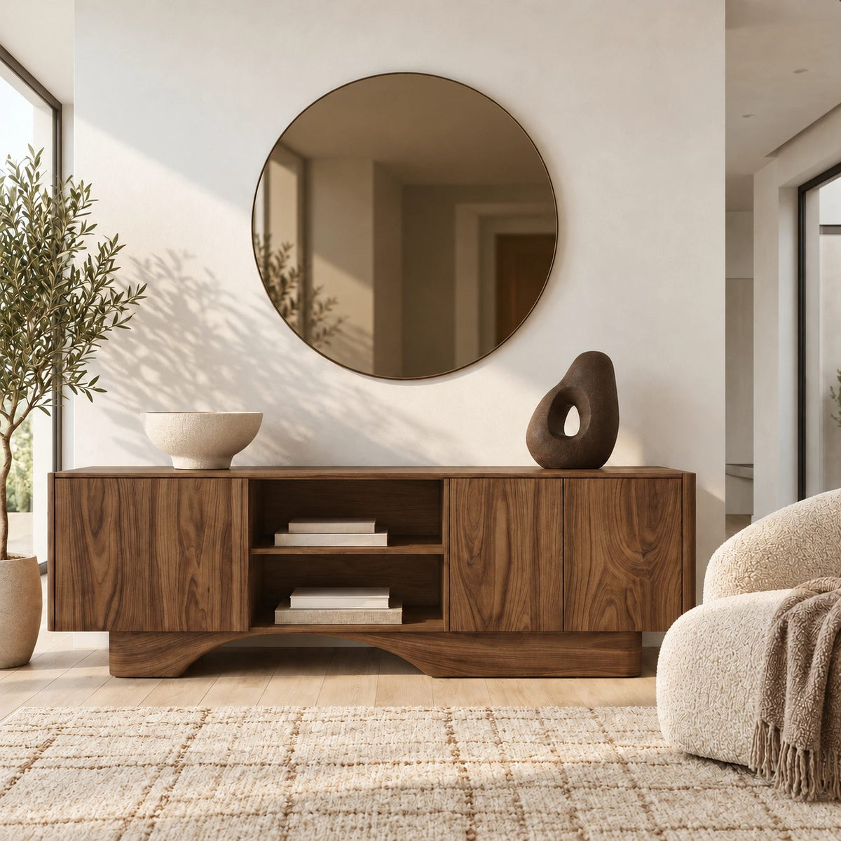 Minimalist Wood Sideboard With Sculpted Arch Base For Living Room