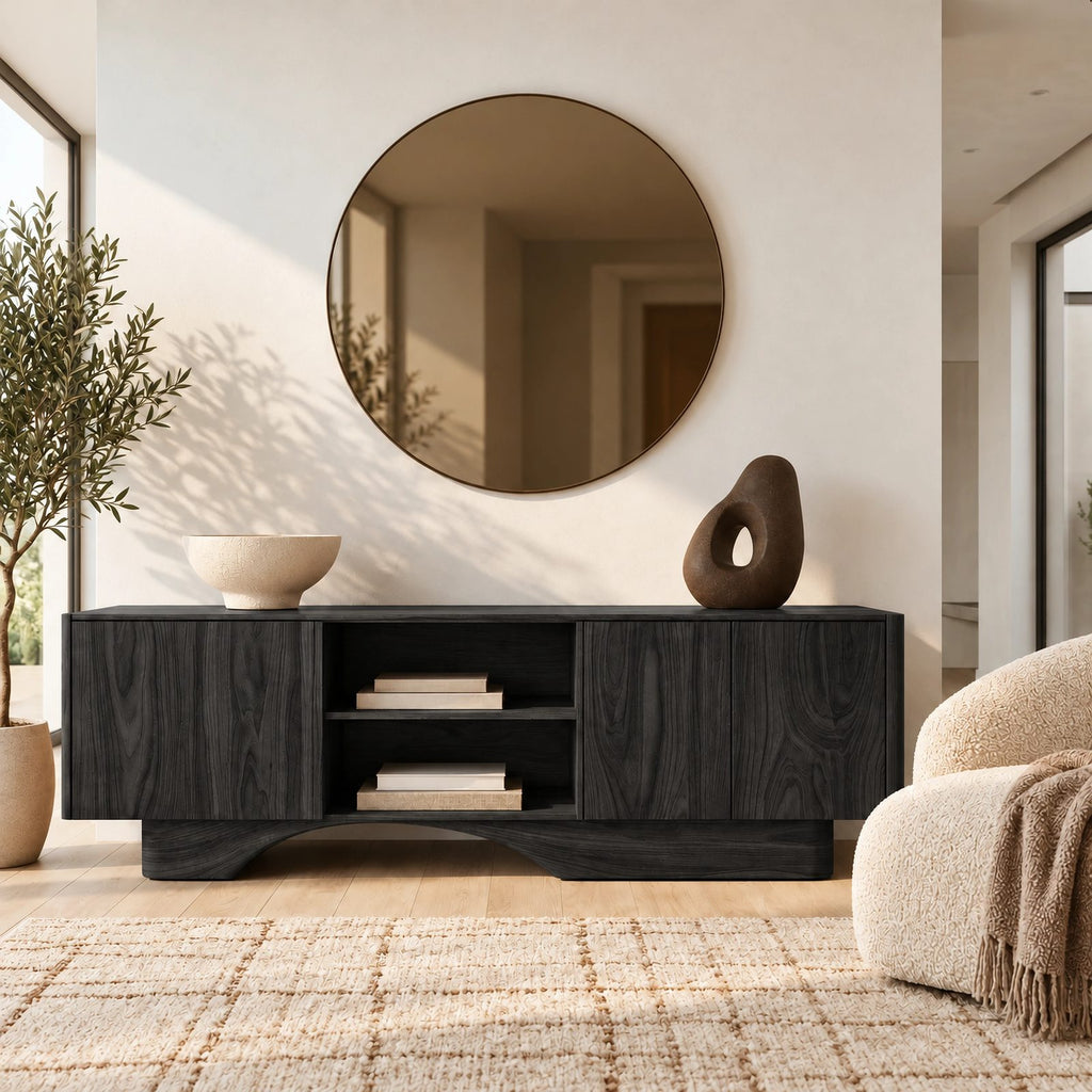Minimalist Wood Sideboard With Sculpted Arch Base For Living Room
