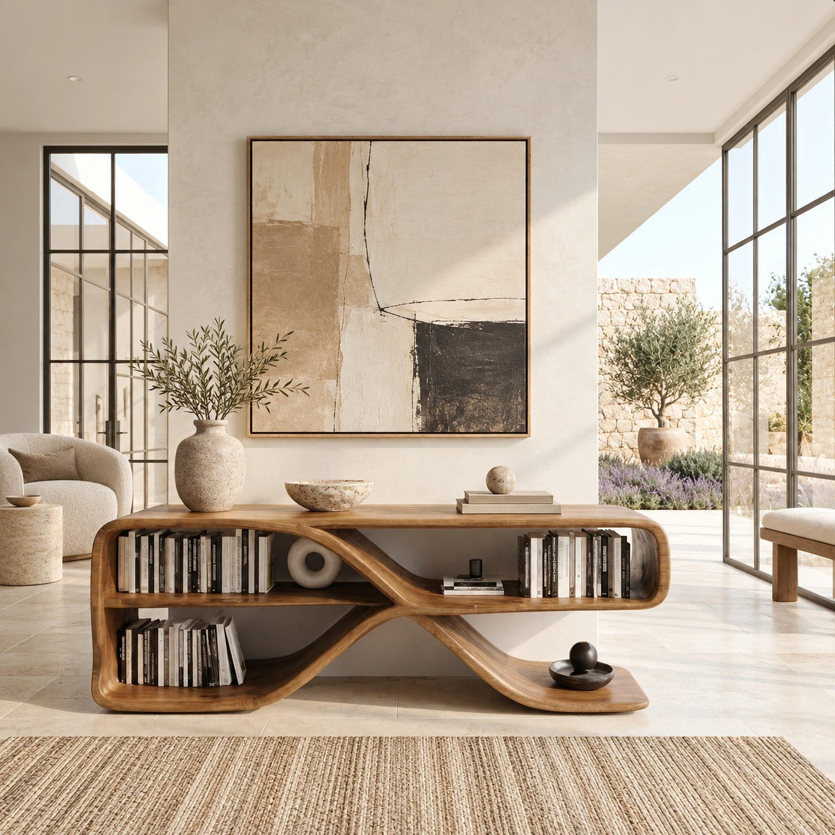 Sculptural Wood Sideboard With Open Loop Bookshelf For Living Room