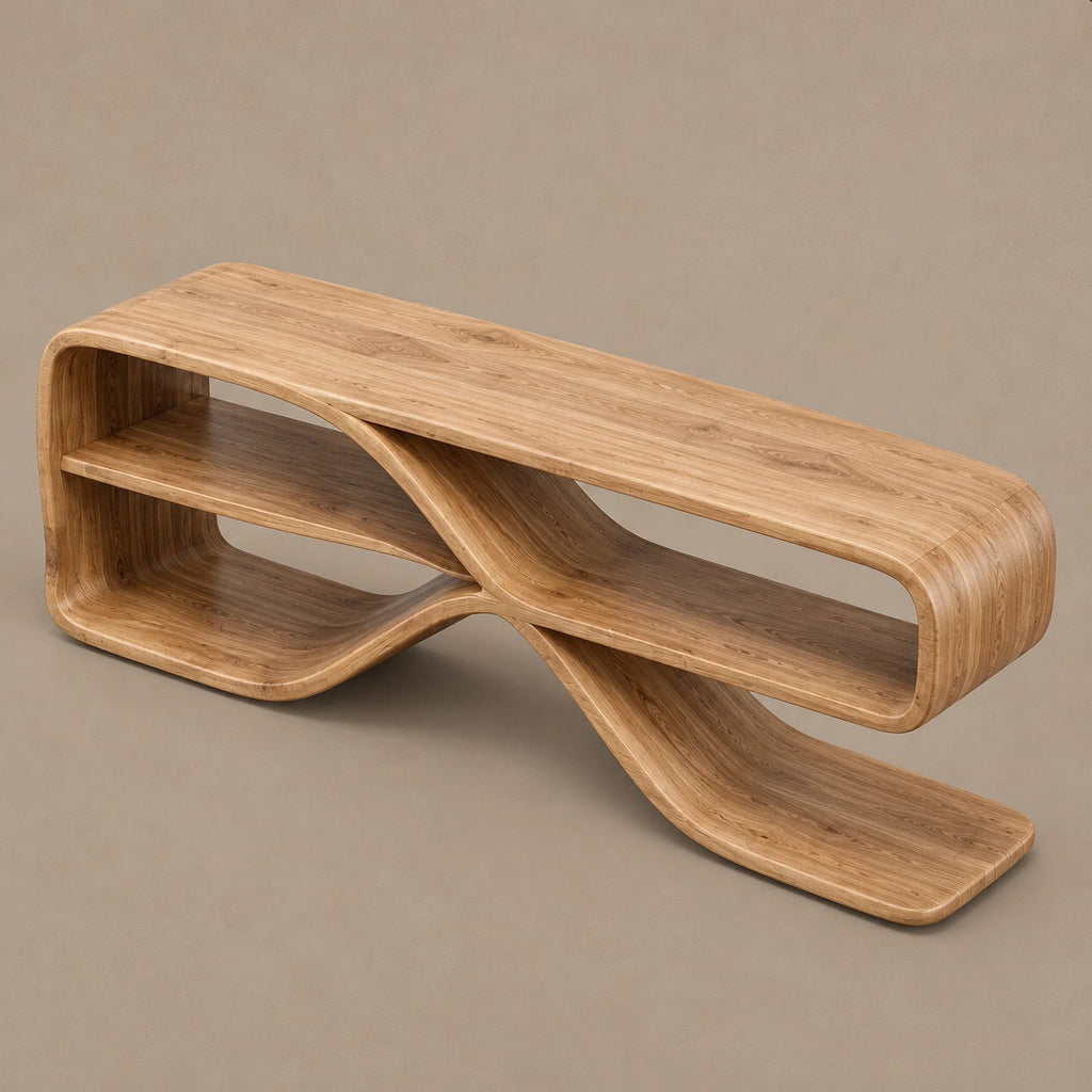 Sculptural Wood Sideboard With Open Loop Bookshelf For Living Room