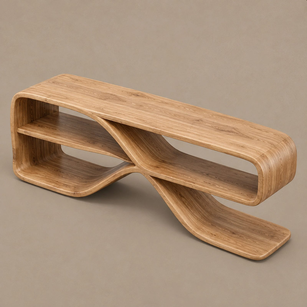 Sculptural Wood Sideboard With Open Loop Bookshelf For Living Room
