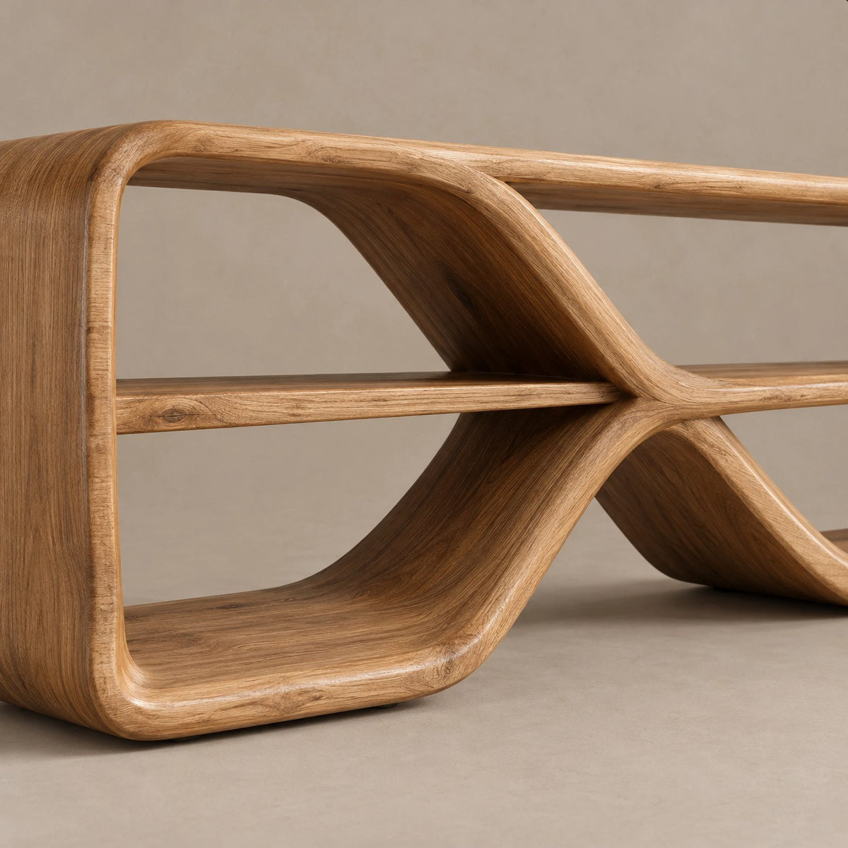 Sculptural Wood Sideboard With Open Loop Bookshelf For Living Room