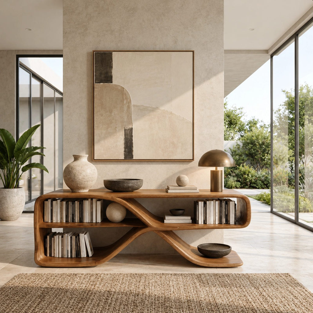 Sculptural Wood Sideboard With Open Loop Bookshelf For Living Room