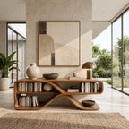 Sculptural Wood Sideboard With Open Loop Bookshelf For Living Room