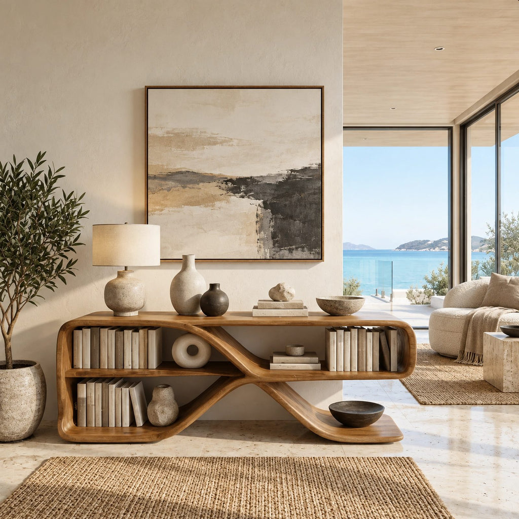 Sculptural Wood Sideboard With Open Loop Bookshelf For Living Room