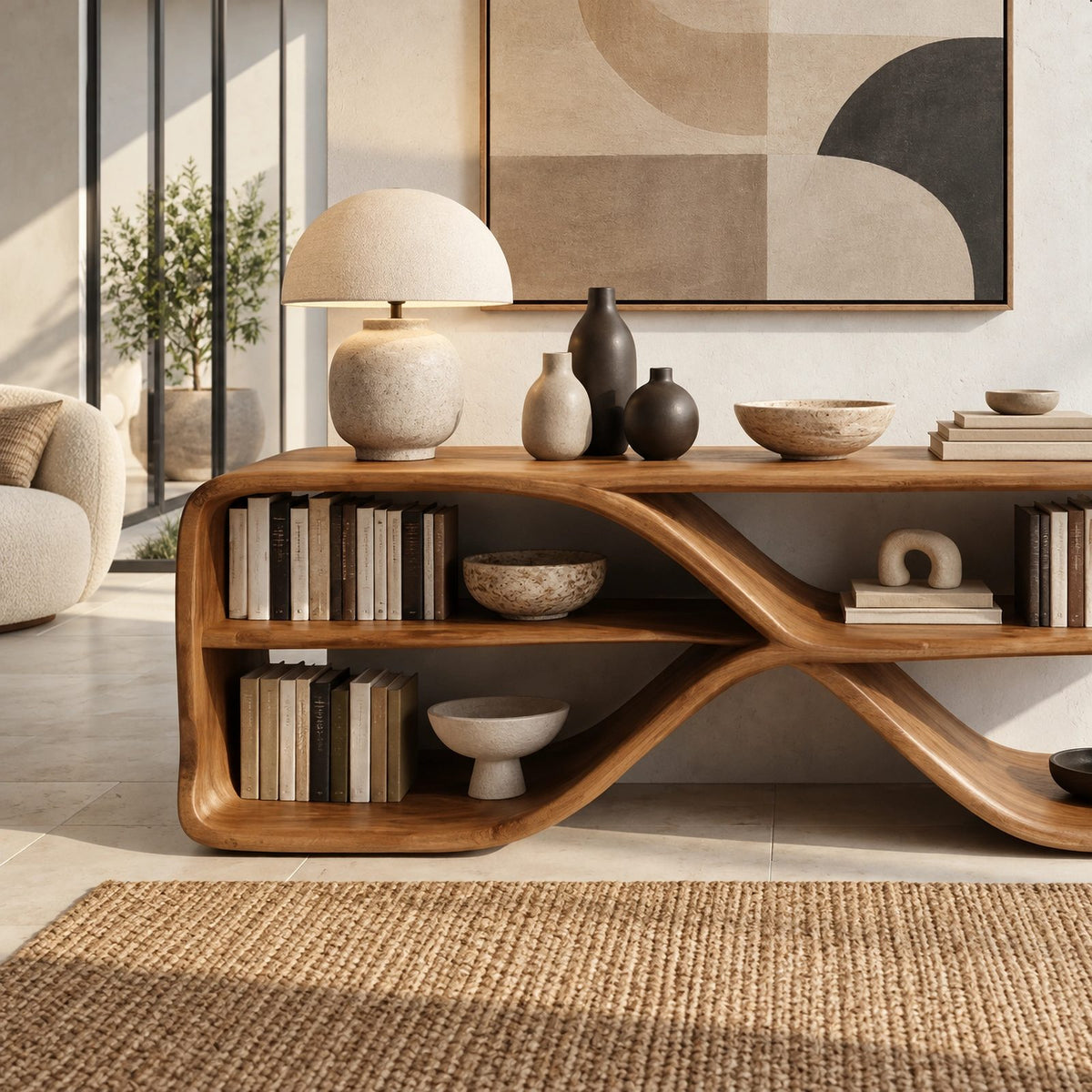 Sculptural Wood Sideboard With Open Loop Bookshelf For Living Room