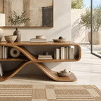 Sculptural Wood Sideboard With Open Loop Bookshelf For Living Room