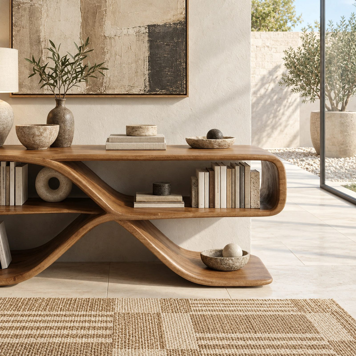 Sculptural Wood Sideboard With Open Loop Bookshelf For Living Room