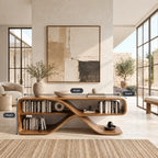 Sculptural Wood Sideboard With Open Loop Bookshelf For Living Room