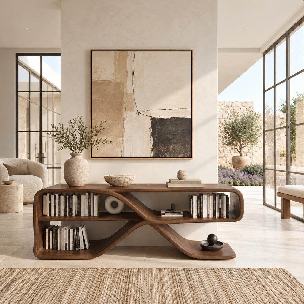 Sculptural Wood Sideboard With Open Loop Bookshelf For Living Room
