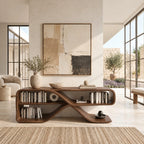 Sculptural Wood Sideboard With Open Loop Bookshelf For Living Room