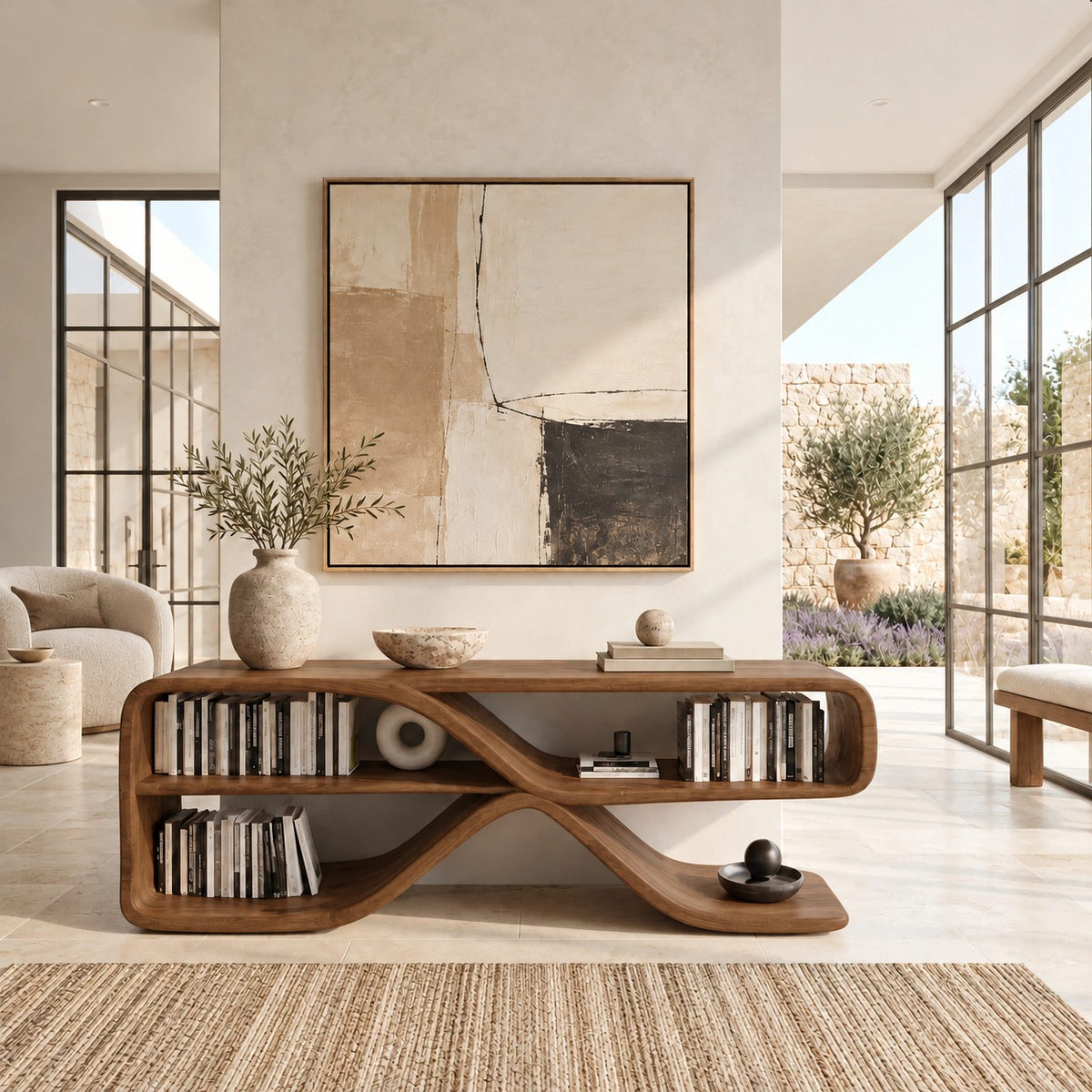 Sculptural Wood Sideboard With Open Loop Bookshelf For Living Room