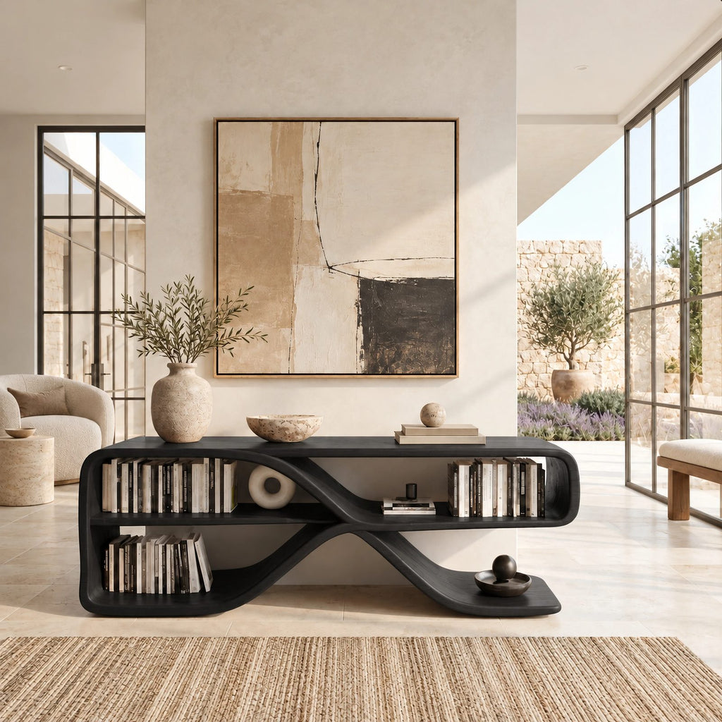 Sculptural Wood Sideboard With Open Loop Bookshelf For Living Room