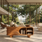 Organic Carved Wood Sideboard With Rounded Shelf Opening For Living Room