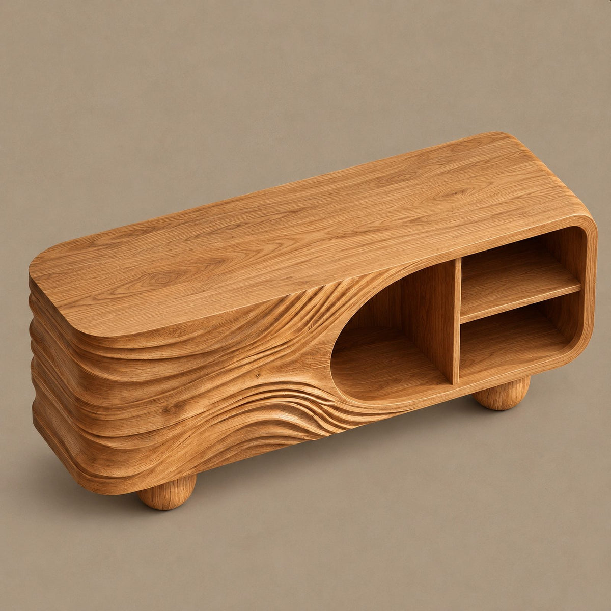 Organic Carved Wood Sideboard With Rounded Shelf Opening For Living Room