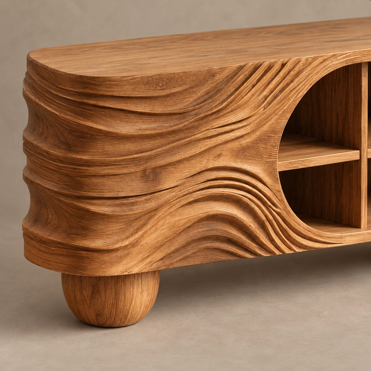 Organic Carved Wood Sideboard With Rounded Shelf Opening For Living Room