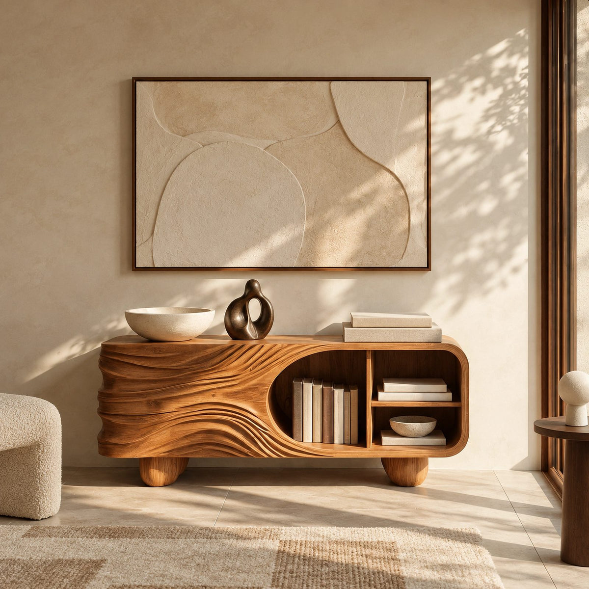 Organic Carved Wood Sideboard With Rounded Shelf Opening For Living Room