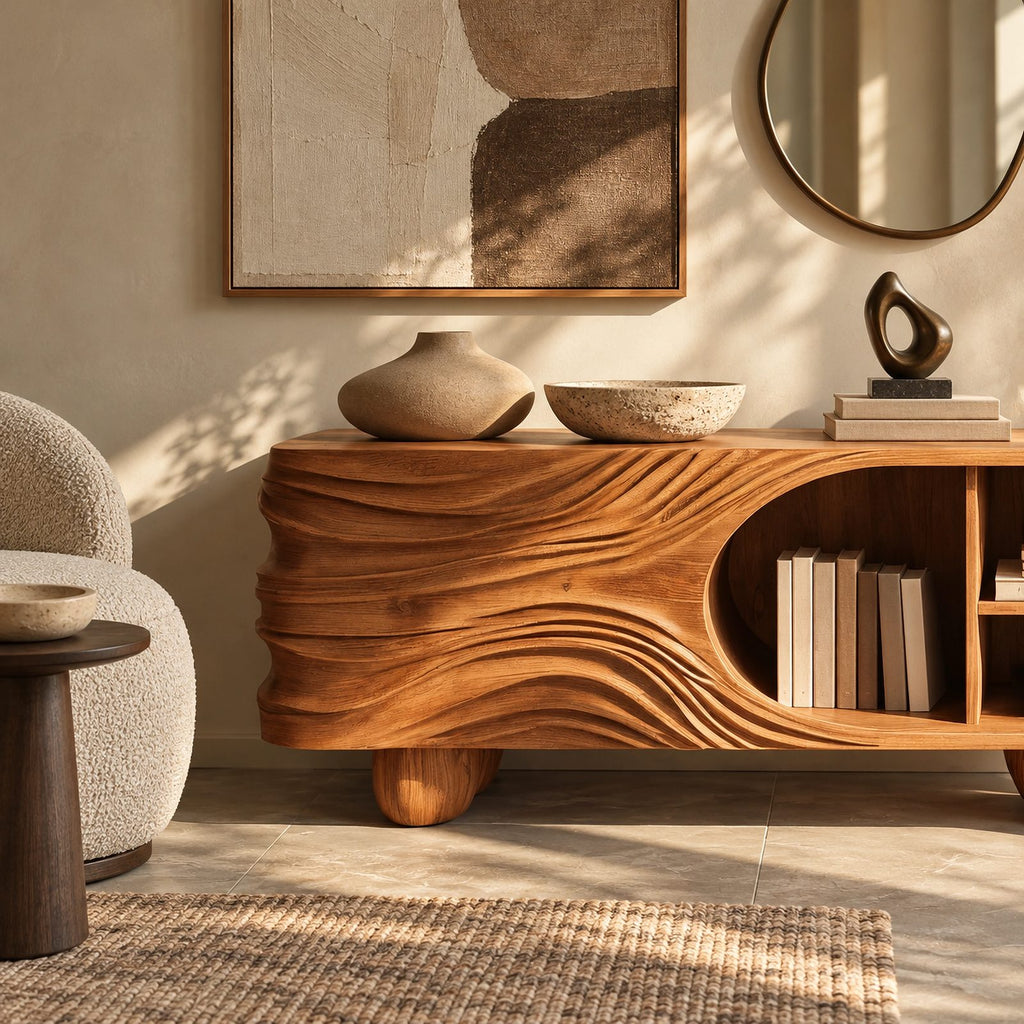 Organic Carved Wood Sideboard With Rounded Shelf Opening For Living Room