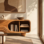 Organic Carved Wood Sideboard With Rounded Shelf Opening For Living Room