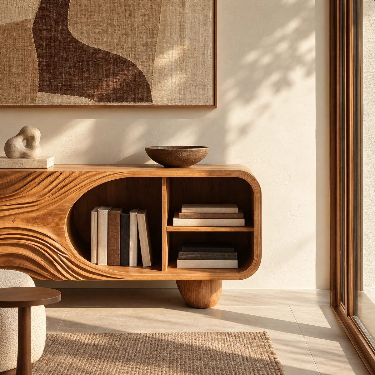 Organic Carved Wood Sideboard With Rounded Shelf Opening For Living Room