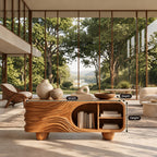Organic Carved Wood Sideboard With Rounded Shelf Opening For Living Room