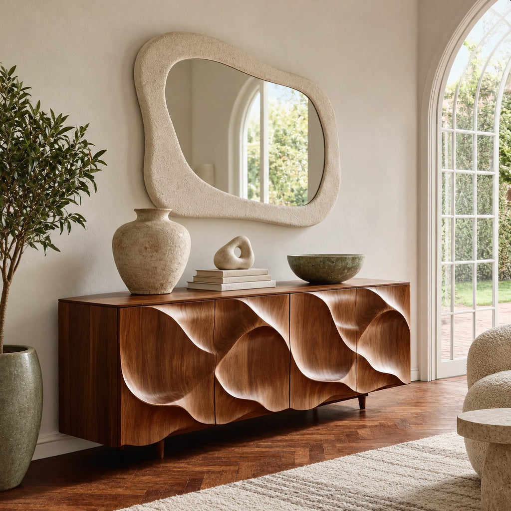 Contemporary Sideboard With Deep Wave Carved Doors For Dining Room