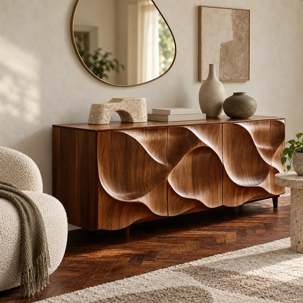 Contemporary Sideboard With Deep Wave Carved Doors For Dining Room
