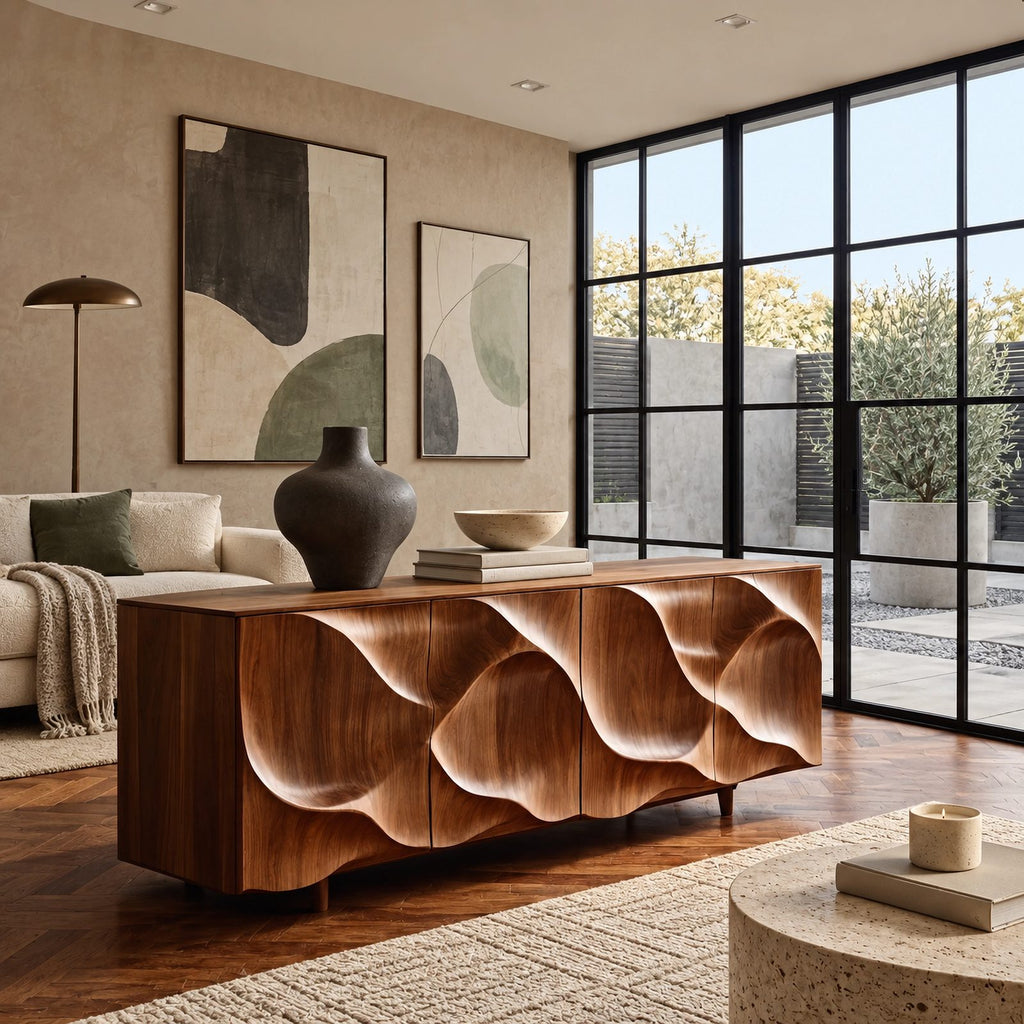 Contemporary Sideboard With Deep Wave Carved Doors For Dining Room