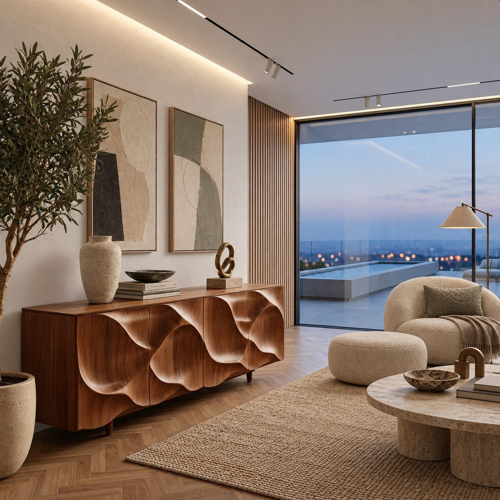 Contemporary Sideboard With Deep Wave Carved Doors For Dining Room