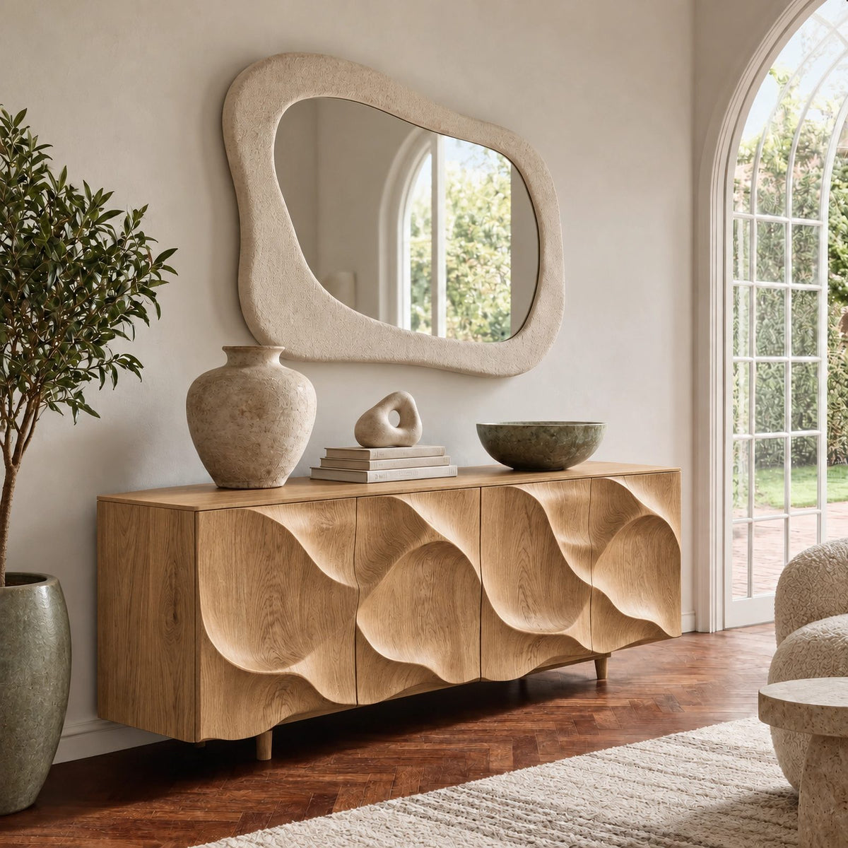 Contemporary Sideboard With Deep Wave Carved Doors For Dining Room