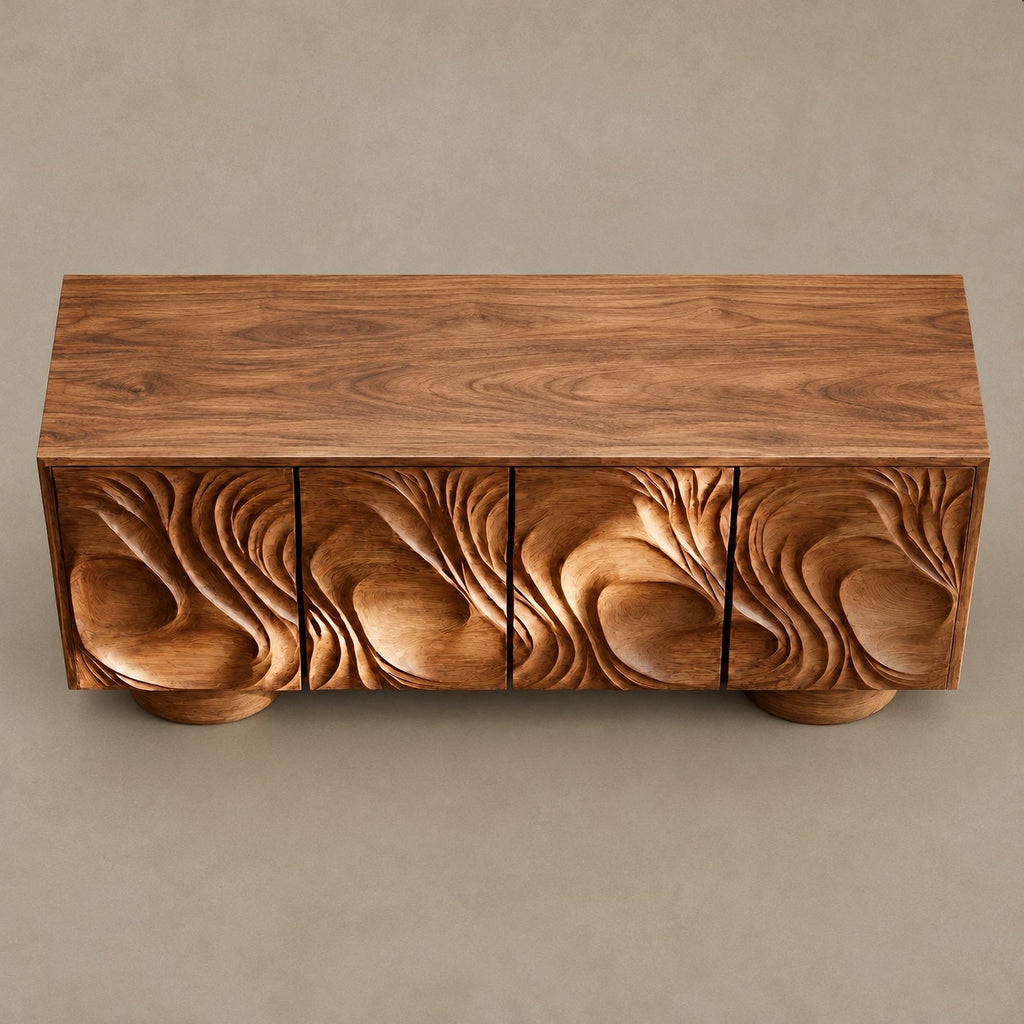 Handcrafted Sideboard With Flowing Grain Carved Doors For Entryway