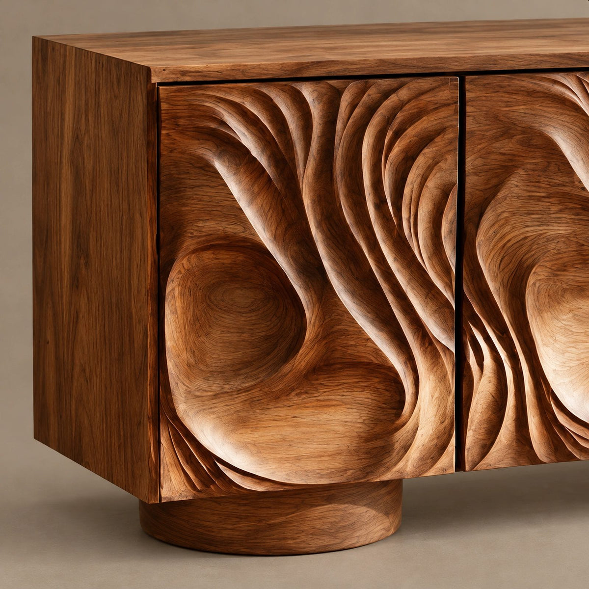Handcrafted Sideboard With Flowing Grain Carved Doors For Entryway