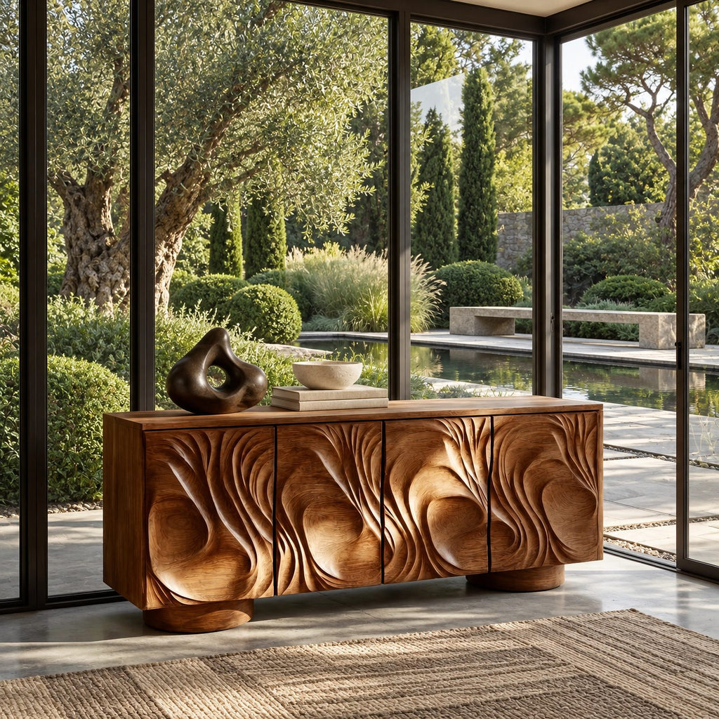 Handcrafted Sideboard With Flowing Grain Carved Doors For Entryway