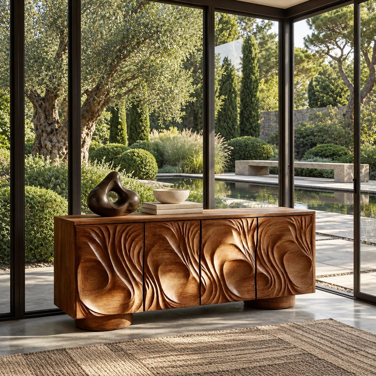 Handcrafted Sideboard With Flowing Grain Carved Doors For Entryway